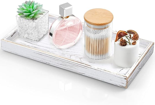 ALELION 13" White Bathroom Vanity Tray for Counter - Wood Decorative Tray for Toilet Tank Makeup Perfume Jewelry Catchall Table - Wooden Kitchen Countertop Organizer for Soap Dispenser