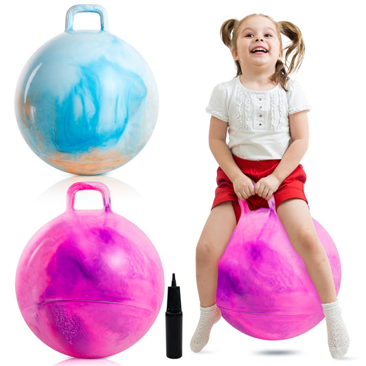 Upper Rider 2 Pcs 18 Inch Hopper Ball for Kids 3-8, Bouncy Balls with Handle for Toddlers, Inflatable Hippity Hop Jumping Balls, Sit On Hopping Toys with Pump for Girls Boys, Blue Pink