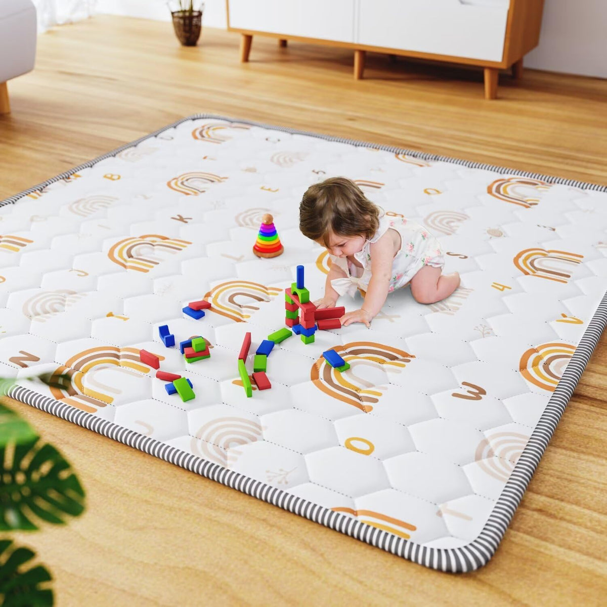 Boho Rainbow Baby Play Mat 50" X 50" Playpen Mat Thicken One-Piece Baby Crawling Mat Non-Slip Cushioned Baby Floor Mat Activity Playmats for Infants, Babies, Toddlers (50X50, Letters+Number)
