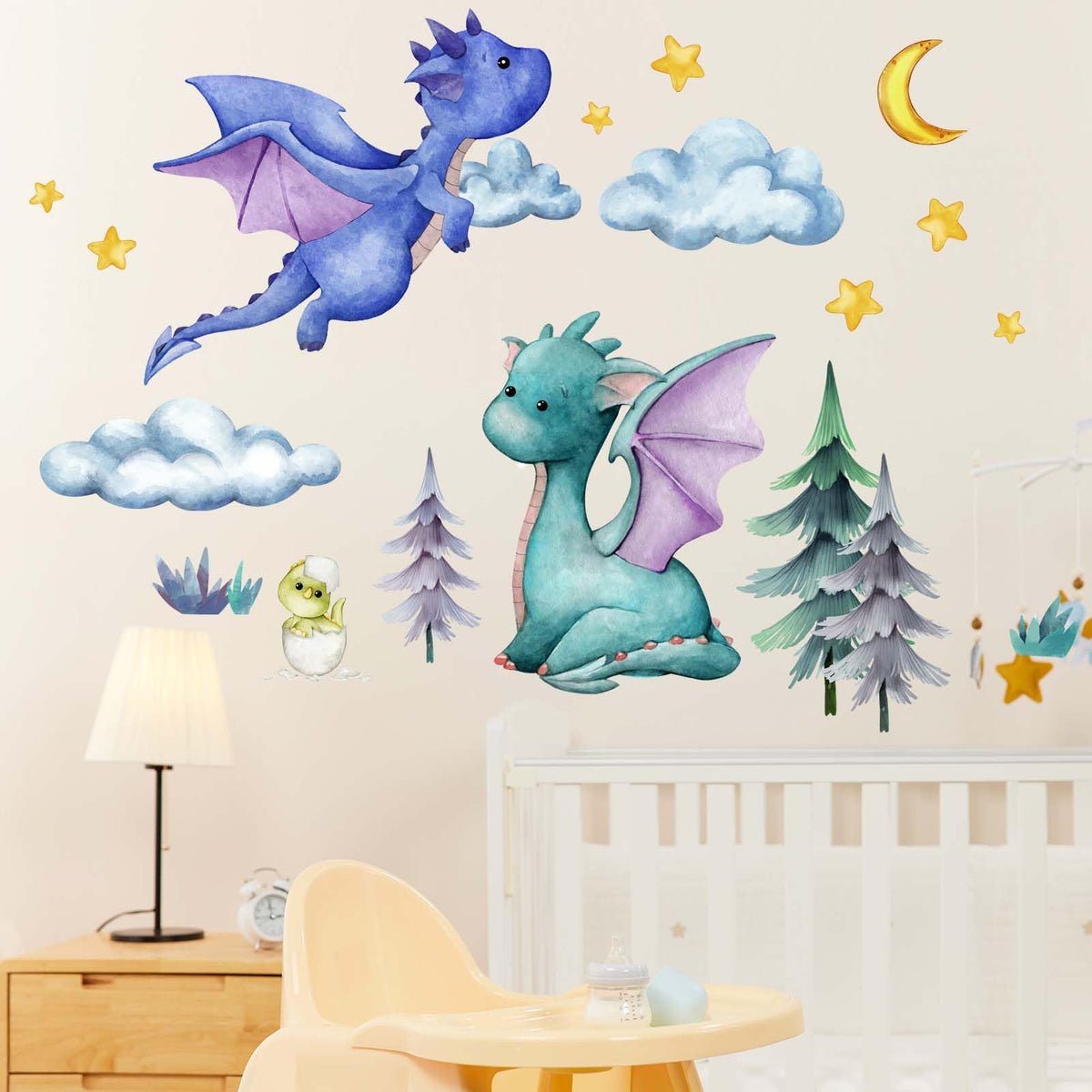 Amimagen Baby Dragon Wall Stickers - Star Moon Dragon Eggs Wall Decals - Baby Bedroom Boys Nursery Kids Room Daycare Wall Decor