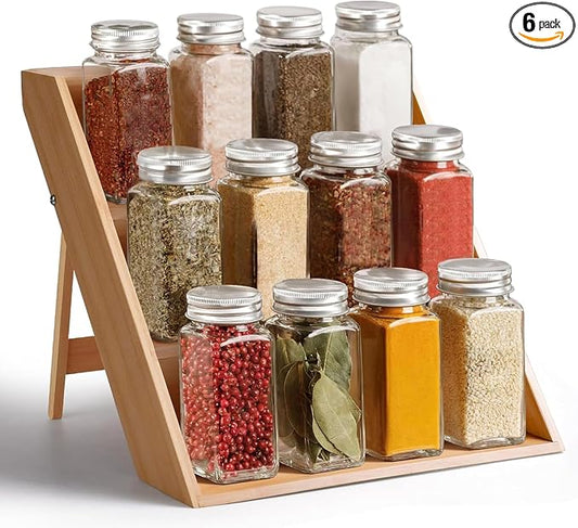 RoyalHouse Bamboo Spice Rack Organizer for Kitchen Cabinet, Countertop Display Shelf- 3 Tier Shelf -Space Organizer for Kitchen and Bathroom (Pack of 6)
