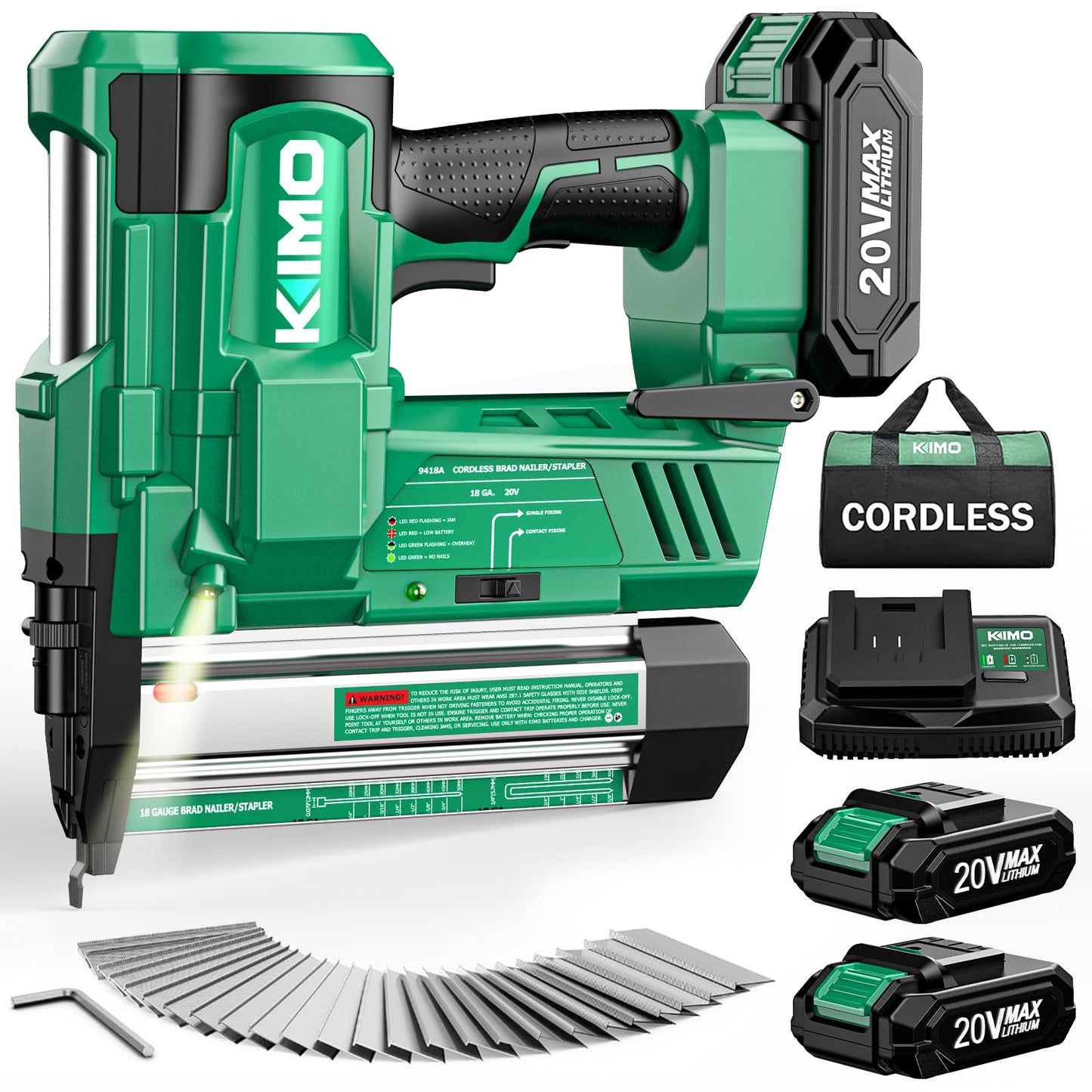 KIMO 2" Brad Nailer Cordless 18 Gauge w/ 20V Battery 2.0Ah X 2, 1000pcs Nails and Staples,180 Nails/min, 2 Firing Modes, Adjustable Nailing Depth, 2 in 1 Cordless Nail Gun and Stapler for DIY Project