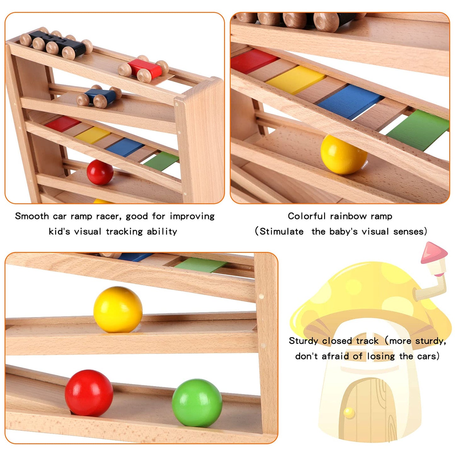 Qilay Wooden Race Track Car Ramp Racer Toy for Toddlers, 5 Level Race Car Ramp Toy Set Includes 4 Wood Cars and 3 Balls,Great Building Learning Toys or 3+ Years Old Boy and Girl