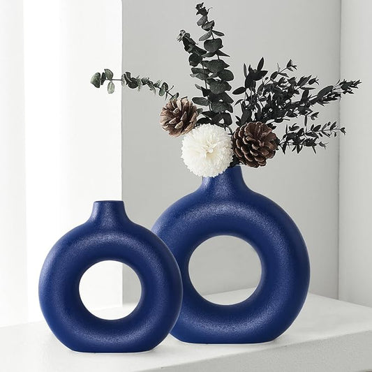 Blue Ceramic Donut Vase Set of 2, Hollow Round Matte Pampas Flower Vases for Boho Home Wedding Party Room Dinner Table Shelf Decor.（Blue）