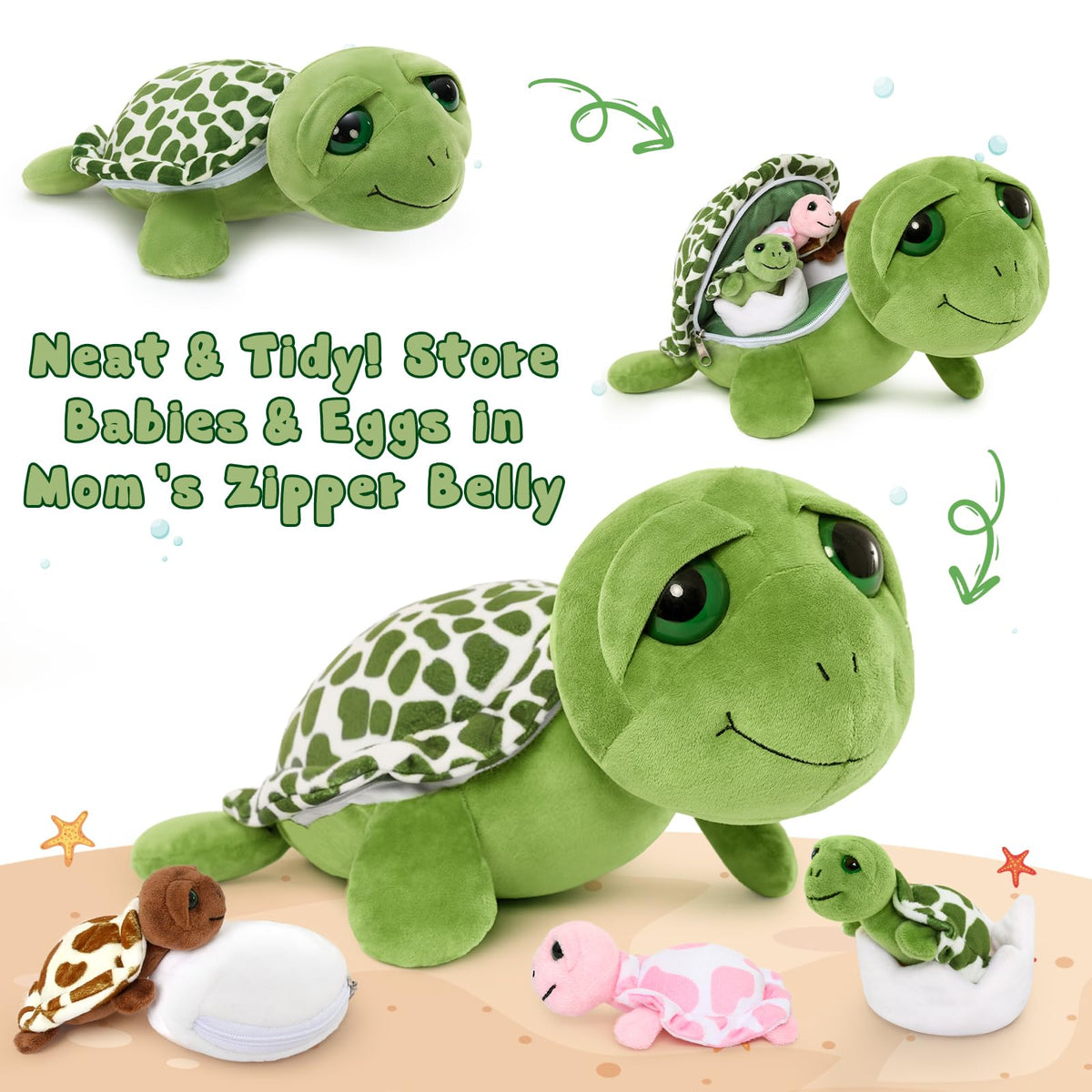 Karister 6Pcs Sound Turtle Plush Toy, 14" Talking Mother Turtle Stuffed Animal with 3 Baby Tortoise & 2 Eggs, Stuffed Educational Sea Creature for Kids, Ocean Plushies Gift for Birthday Christmas