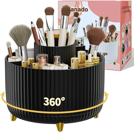 fanado 360° Rotate Makeup Brush Holder Organizer, Makeup Organizers Countertop, Makeup organization and Skincare Storage with Gift Box Packing for Vanity, Desktop, Bathroom (Black)