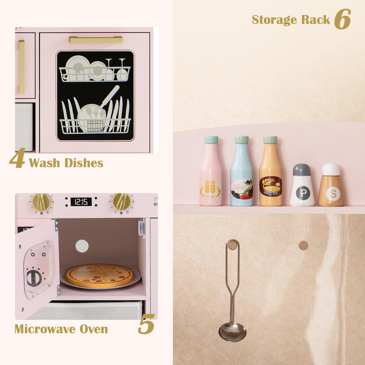 INFANS Kids Kitchen Playset, Toddler Wooden Pretend Cooking Toy Set with Acrylic Drawing Board Ice Machine Dishwasher Cloth Drawer Stove Removable Sink Simulation Play Kitchen for Boys Girls