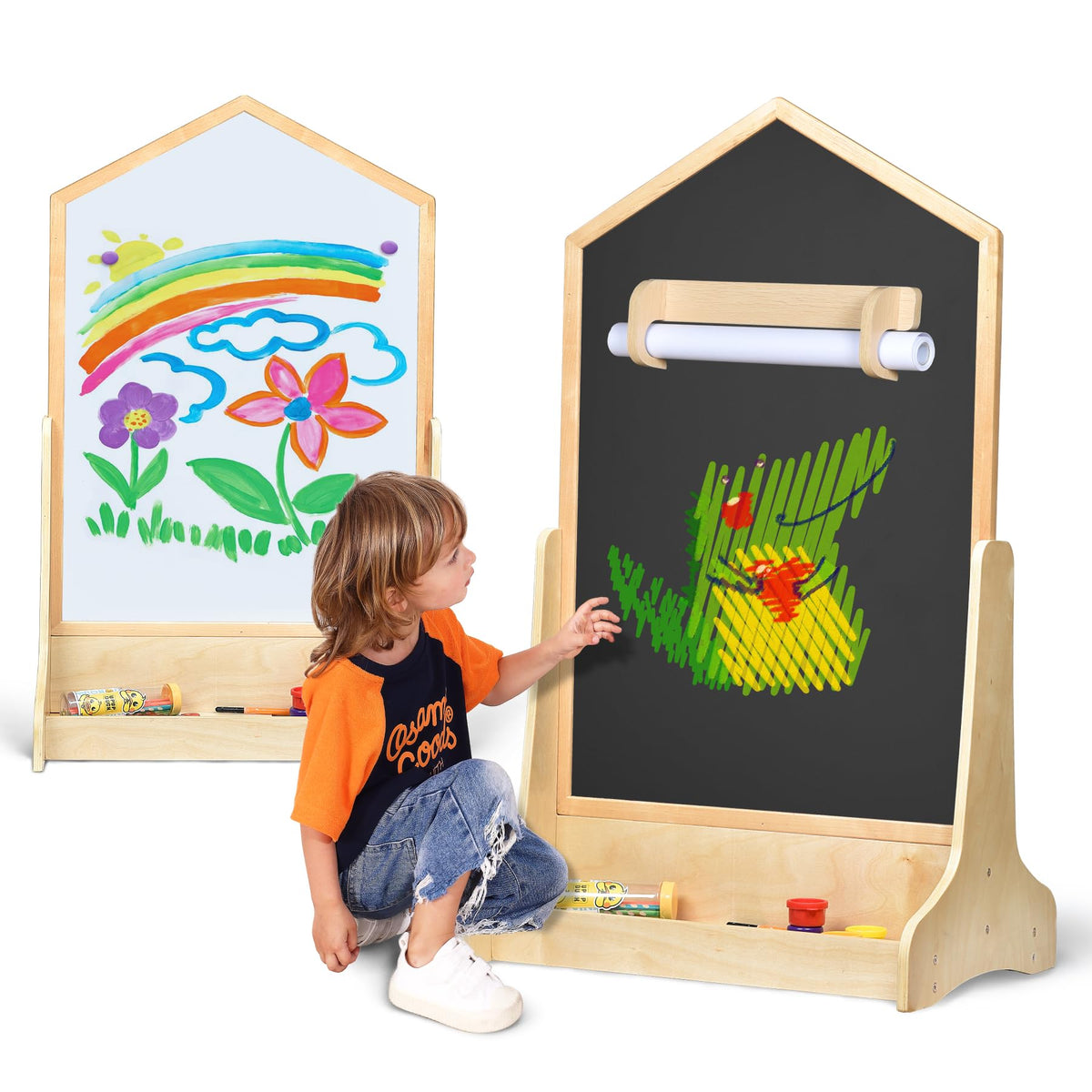 House Design Double-Sided Magnetic Drawing Board w/Detachable Roller and Bi-Storage Frame Holder for Kids, Extra Large Art Easel for Toddlers Boys and Girls Gift (Wall Mountable)
