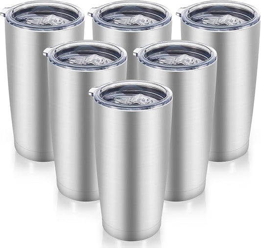 20 oz Tumblers Bulk Stainless Steel Tumbler with Lid Double Wall Vacuum Insulated Coffee Mug 20oz Powder Coated Cup for Hot and Cold Drinks, Stainless, 6 pack