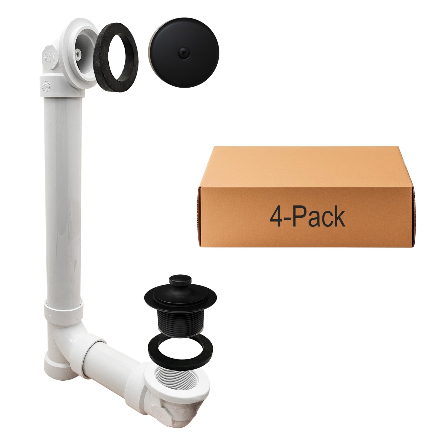 Westbrass D49721-4-62 1-1/2" Bath Waste & Overflow Assembly with Pull Drain Stopper and One-Hole Faceplate Top Elbow - Sch. 40 PVC, Matte Black (4-Pack)