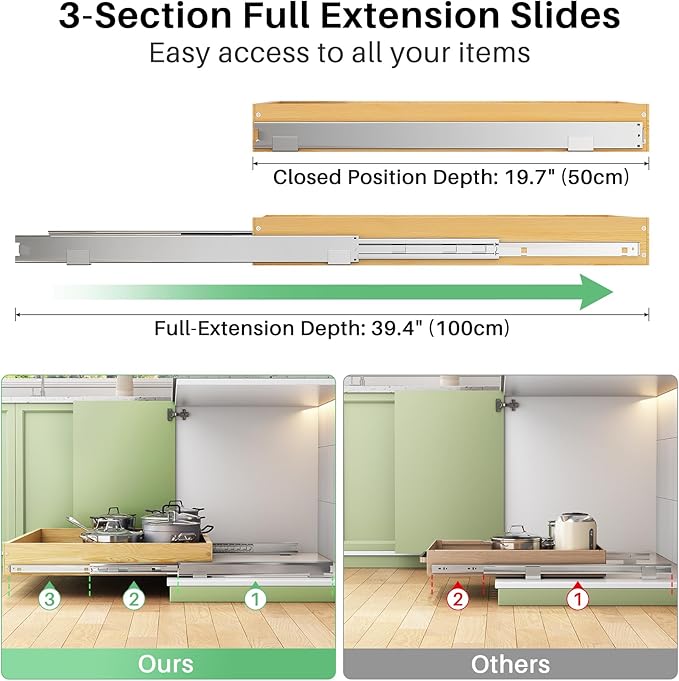 Pull Out Cabinet Organizer, Soft Close Wooden Slide Out Drawers for Pots and Pans, Full-extension Roll Out Shelves for Kitchen Cabinets, Pantry Organization, Bottom & Side Mount(21"W X 21"D x 3.4''H)