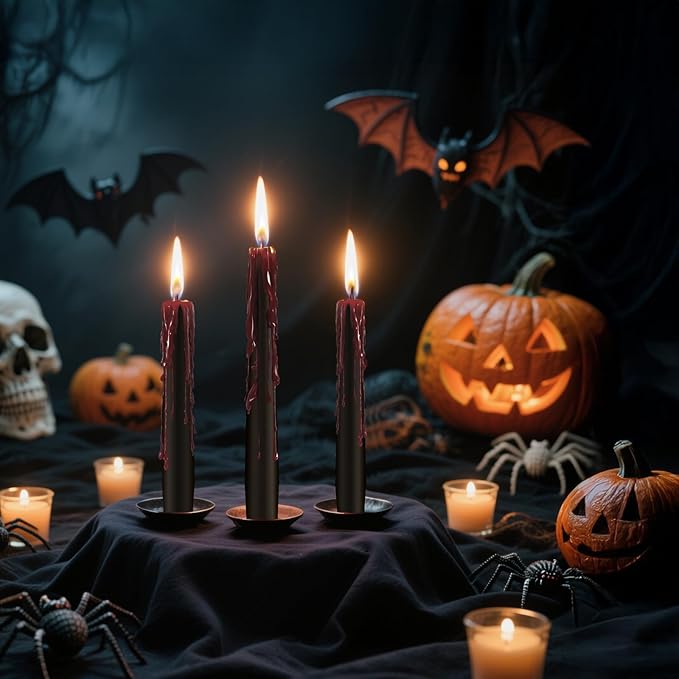 12 Pack Halloween Bleeding Candles, Black Vampire Tears Taper Candles Spooky Blood Drip Candles Set for Halloween Party Gothic Home Vampire Theme Rituals Decoration