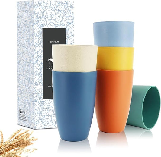PYRMONT Wheat Straw Cups 20 Oz Alternative Plastic Cups Set of 6 Unbreakable Big Cups for Kitchen Dishwasher & Microwave Safe Large Water Cups for Kitchen,Camping,RV Stackable-Colorful