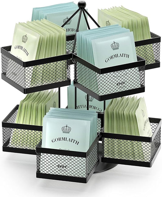 Tea Bag Organizer, Tea Bag Storage Holder Spinning Carousel 96 Teabags Container, Lazy Susan Coffee Creamer Sweetener Tea Caddy for Kitchen Counter Cabinet Pantry Shelf Organizer