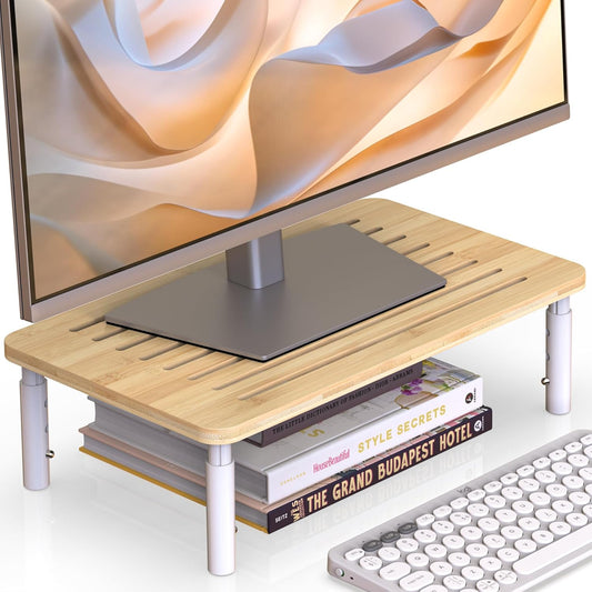 4 Bamboo Monitor Stand Riser, Adjustable Height, Laptop Stand with Airflow Vents, Desk Organizer for Computer, PC