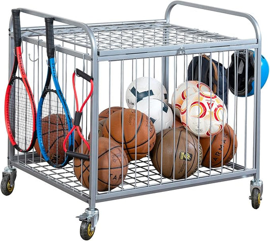 MyGift Large Capacity Metal Rolling Multi Sports Ball Cage Storage Hopper, Gym Equipment Basket Cart with Lockable Latch, Heavy Duty Caster Wheels, and 8 Accessory Hooks