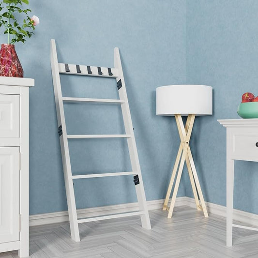 White Decorative Wooden Blanket Ladder for The Living Room and Bedroom, 5.2ft, Pine Wood Quilt Ladder, 5-Tier Wall Leaning Blanket Rack Stand for Home Décor