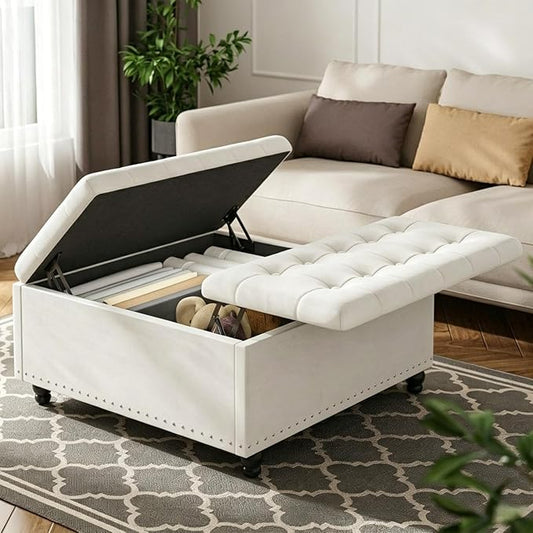 FUXA 35 Inch Large Square Ottoman with Storage, Oversized Ottoman Coffee Table with Lift Top and Wood Legs, Tufted Upholstered Storage Ottoman Bench for Living Room (Beige)