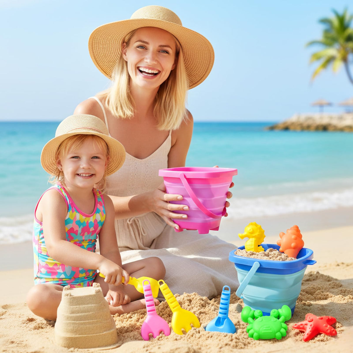 Dreamon Beach Toys for Kids 3-10, Collapsible Sand Castle Toys for Beach Include 3 Pack Foldable Buckets, Shovels Molds and Storage Mesh Bag, Sandbox Travel Toy for Toddlers Kids