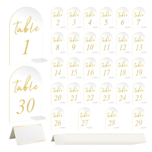 30 Sets Arch Wedding Table Numbers with Stands Gold Printed 1-30 Table Signs Clear Acrylic Table Number Display Stand for Wedding Reception Party Centerpieces Decor (4 x 6 Inch)