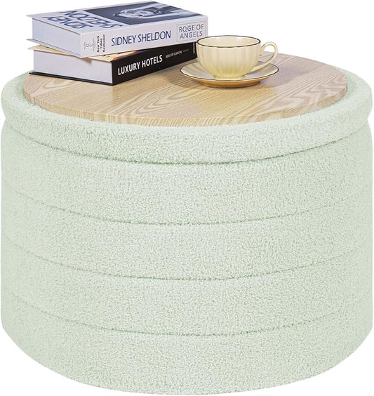 PINPLUS Round Ottoman with Storage, Foldable Sherpa Ottoman Stool with Tray,Boucle Foot Rest for Living Room, Bedroom, Dorm(Green)