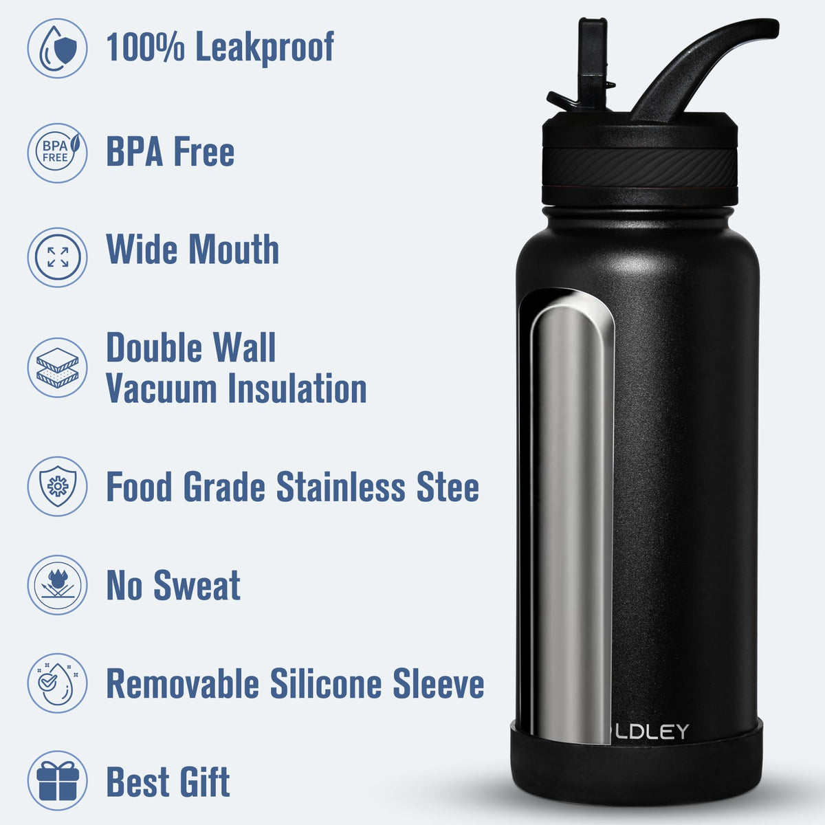 OLDLEY 32 oz Insulated Water Bottle With Straw, Stainless Steel Sports Water Cup Flask with 3 Lids(Straw, Spout and Handle Lid) Double Walled Travel Thermal Canteen Mug,Black