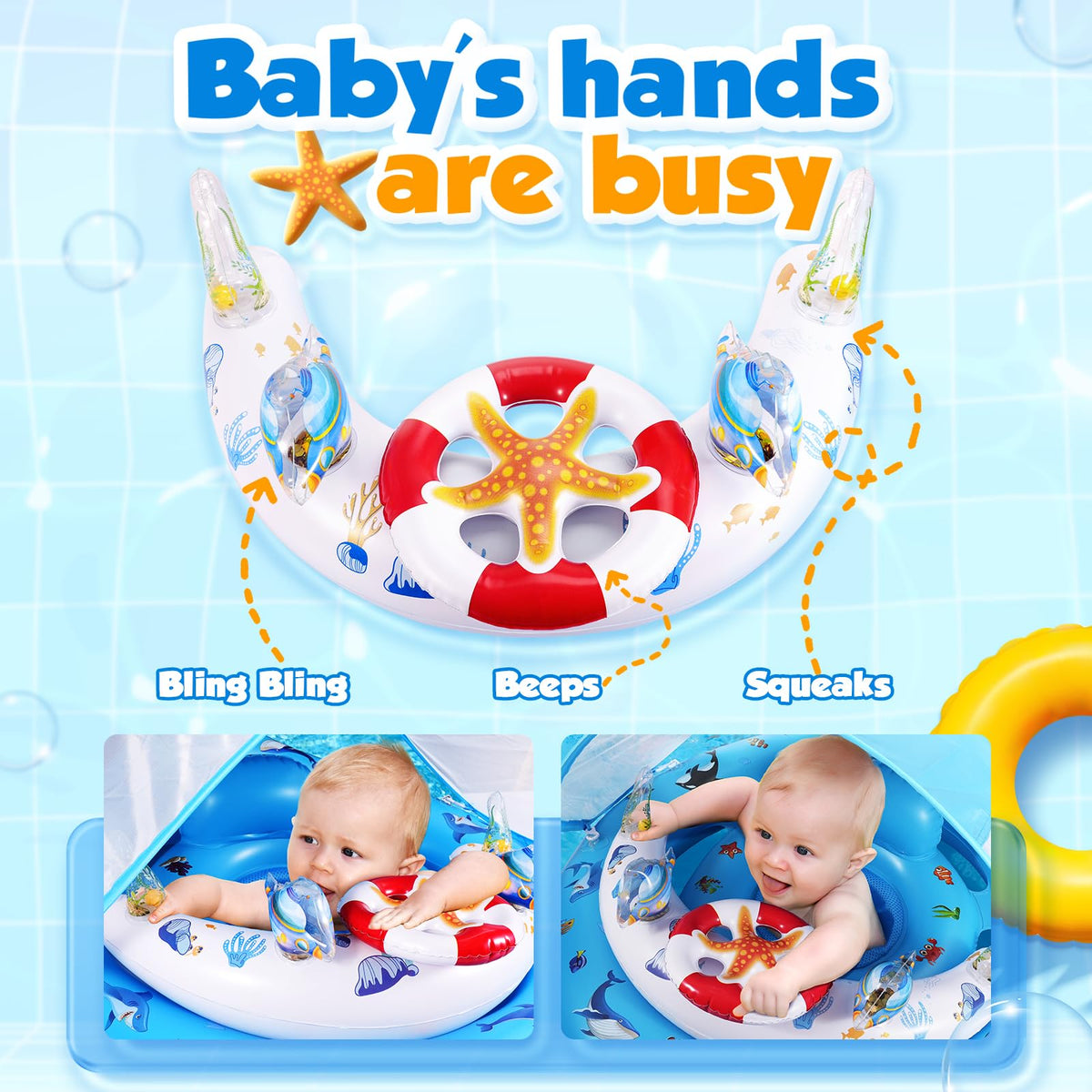 Baby Pool Float with Canopy UPF50+ Sun Protection, Inflatable Kids Pool Floats with Toy Play Console for Baby 6-36 Months, Infant Swimming Float with Adjustable Safety Seat for Boys Girls