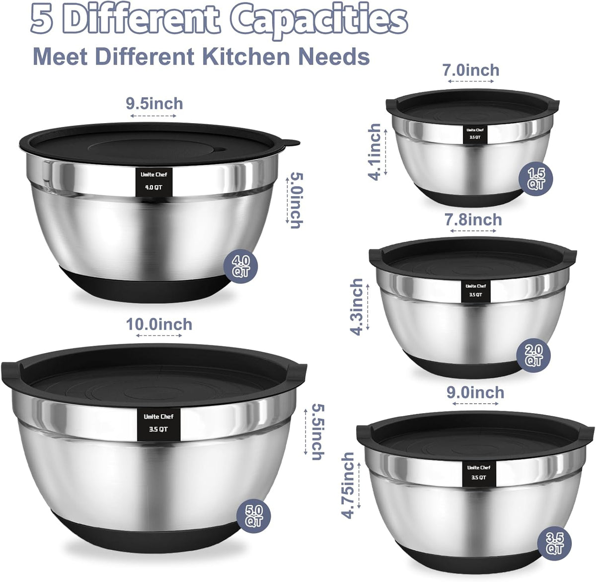 Umite Chef Mixing Bowls - 8PCS Stainless Steel Set with Airtight Lids & Non-Slip Bottoms | Black, 1.5QT to 5QT