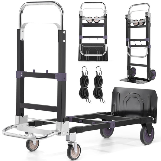 3-in-1 Convertible Heavy Duty Folding Hand Truck Dolly, 600LB Capacity with Rubber& Wheels Telescoping Handles, Portable Collapsible Cart for Warehouse, Supermarket, Office (Black)