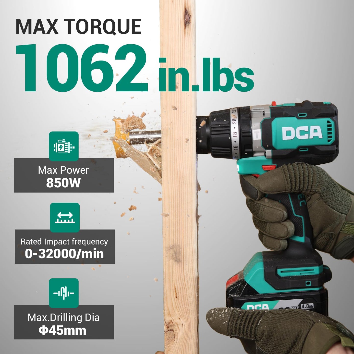 DCA 20V Brushless Hammer Drill, 1062 in.lbs Torque Impact Drill, 1/2" Keyless All-Metal Chuck, 24+1+1 Clutch, 32000 IPM, Heavy-duty Cordless Drill Kit with 2x4.0Ah Battery for Brick Wall, Metal, Wood