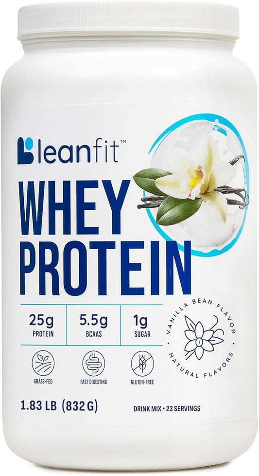 LeanFit WHEY Protein Natural Vanilla ??100% Whey Protein Powder, 24g Protein Per Serving ??Grass-Fed, Gluten-Free, Low Carb, BCAAs, Amino Acid ??23 Servings, 1.83 Pound Tub