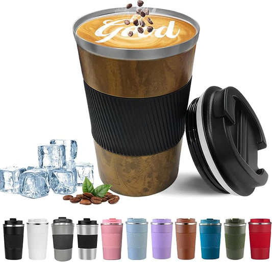 YINBAOGE Insulated Travel Coffee Mug, Spill & Leak Proof, Portable To Go Camping Stainless Steel Coffee Tumbler, Reusable Thermal Coffee Cup with Lid for Hot & Cold Drinks (Wood Grain, 12 OZ)