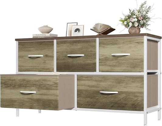 OLIXIS Dresser for Bedroom with 5 Drawers, Wide Chest of Drawers, Fabric Bedroom Dresser with Drawer Organizer, Storage Organizer Unit with Fabric Bins for Closet, Living Room, Hallway, Greige Oak
