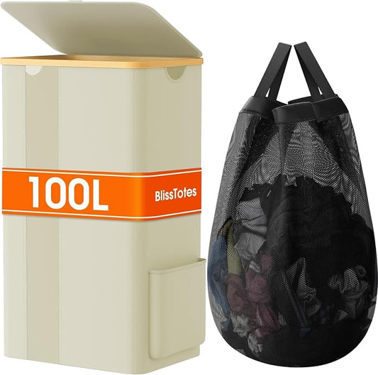 BlissTotes Laundry Basket with Lid, 100L Clothes Laundry Hamper with Handles and Removable Laundry Bag, Breathable Design Hamper with Lid for Bedroom, Bathroom, Dorm, Laundry Room - Beige