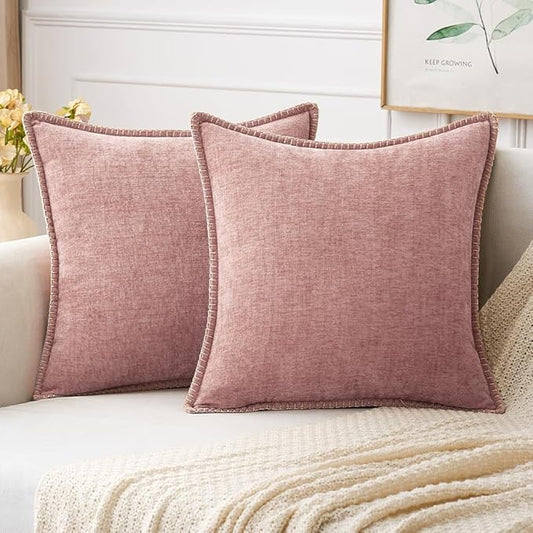 MIULEE Pack of 2 Euro Sham Pillow Covers 24x24 Inch Blush Pink Farmhouse Decorative Throw Pillow Covers with Stitched Edge Soft Chenille Solid Dyed Pillow Covers for Bed Sofa Couch Living Room