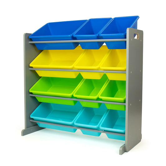 Humble Crew Toy Storage Organizer with 12 Removable Storage Bins for Kids Playroom, 4-Tier Toddler Toy Organization, Grey/Blue/Green/Yellow