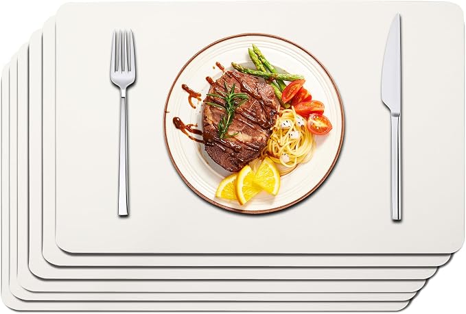 Maxpearl Faux Leather Placemats Set of 6 - Waterproof - Wipe Clean - Heat Resistant - Anti Slip Dining Table Place Mats, Suitable for Indoor & Outdoor Use, 17ââx12ââ, Ivory White