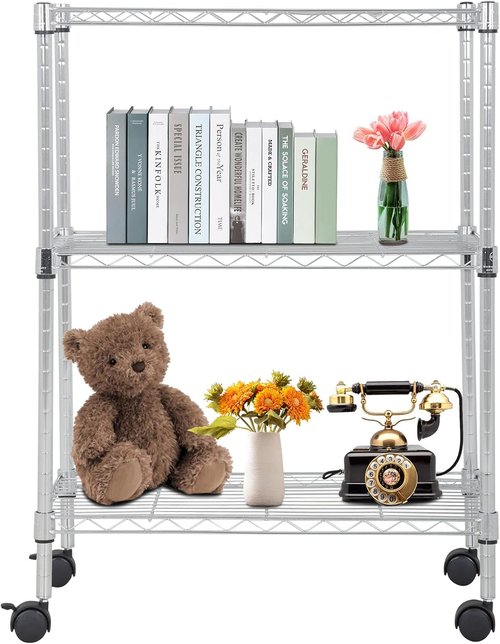 BestOffice 3-Tier Wire Storage Shelves with Wheels - Heavy-Duty Metal, Adjustable Racks | Chrome | 23x13x31 | Holds Up to 170 lbs | No-Tool Assembly for Home & Garage