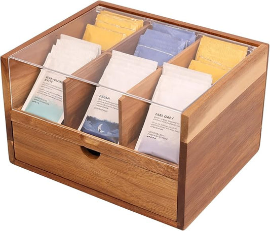 HTB Large Tea Organizer 2 Tier with Drawer, Tea Bag Organizer with Acrylic Transparent Hinged Lid, 9 Compartments Wooden Tea Bag Holder for Home, Office, Tea Parties
