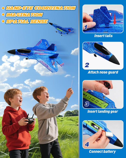 ANTSIR F22 RC Airplane Easy to Fly - 2.4GHz Remote Control Fighter Jet with Gyro Stabilizer & LED Lights, 2 Batteries Foam RC Glider for Kids Boys Adults Beginners (Blue)