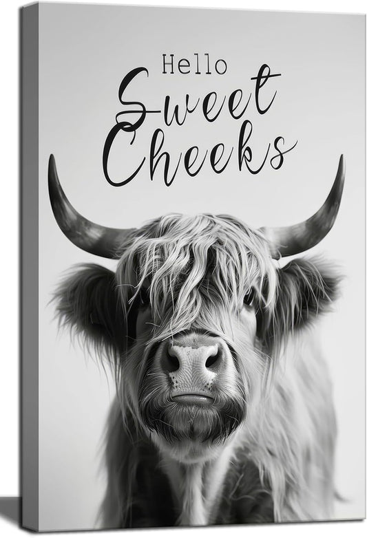 Skiennix Funny Highland Cow Wall Art - Black & White Bathroom Decor | 16x24in Framed Print