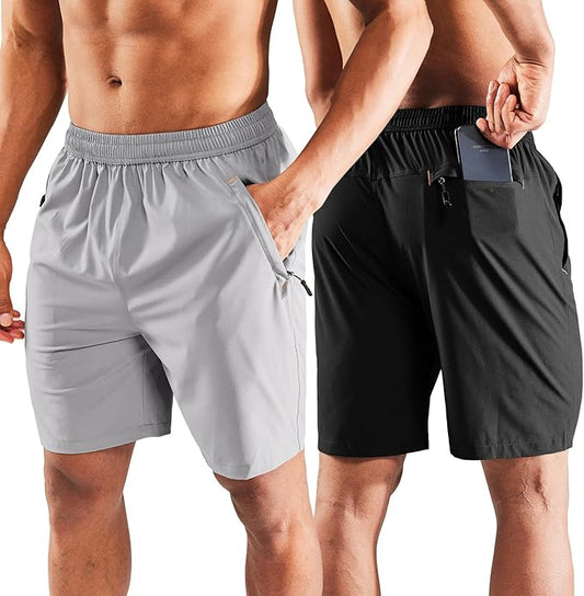 MIER Men's Quick Dry Running Shorts with Zipper Pocket, Elastic Waist Athletic Workout Exercise Fitness Shorts, 7 Inch