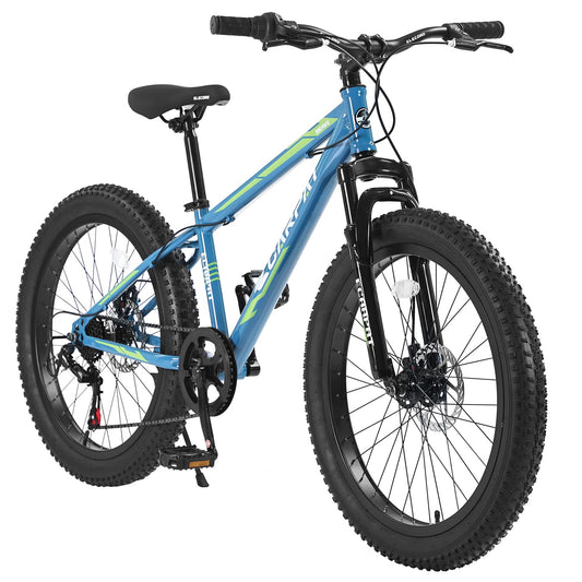 24 Inch Fat Tire Bike Adult/Youth Full Shimano 7 Speeds Mountain Bike, Dual Disc Brake, High-Carbon Steel Frame, Front Suspension, Mountain Trail Bike, Urban Commuter City Bicycle (BlUE, 24inch)