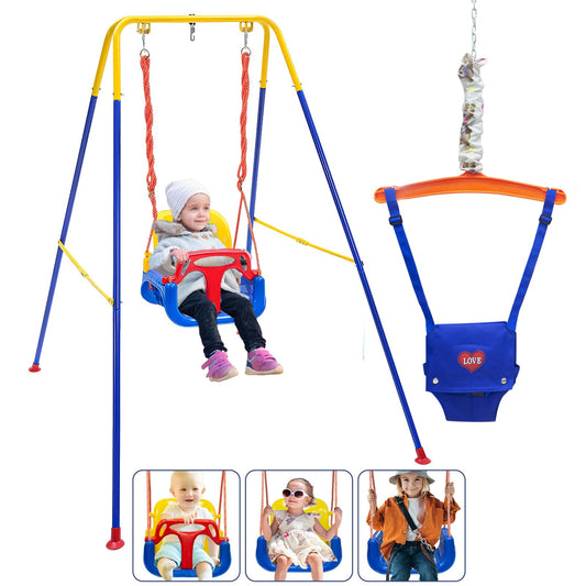 Toddler Swing Set, 3-in-1 Baby Swing Outdoor/Indoor, Toddler Swing&Jumper with Foldable Metal Stand, Baby Swing Outdoor for Aged 6 Months to 10 Years Old