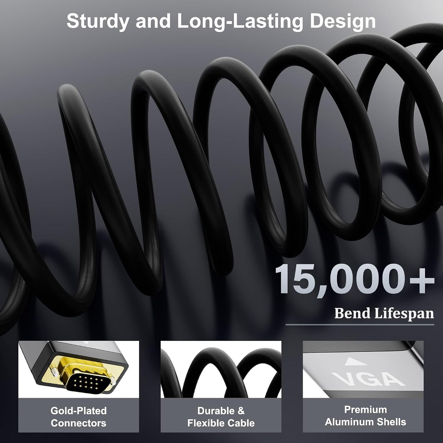 Conable 15 1080P@60Hz VGA to HDMI Cable FT with USB Power Supply, Real Video Output, Unidirectional Cable, from VGA