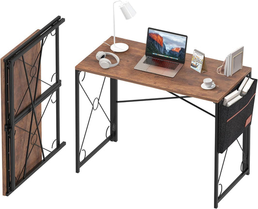 VECELO 39 Inch Folding Desk - Simple Assembly Writing Computer Desk for Home Office | Classic Brown