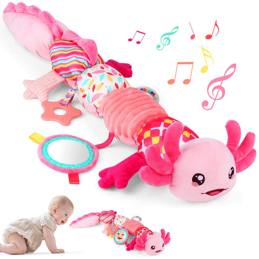 Baby Girls Toys 0-6 Months,Infant Sensory Caterpillar Pink Axolotl Baby Musical Rattles Tummy Time Toys for 0 3 6 9 12 Months Stuffed Plush with Crinkle, Mirror,Teether for Newborn Shower Gifts