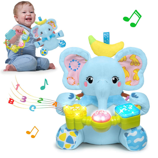 Baby Elephant Musical Stuffed Animals Toy with Light-Up Music & Crinkle,Infant Bilingual Early Learning Education Toys,1st Easter Basket Shower Stuffers for 0-3-6-12+ Months Boy Girl Gifts,Blue