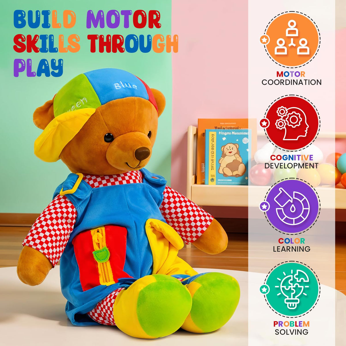 Bundaloo Talking Learning Dress-Up Bear for Toddlers – Educational Plush Toy that Talks & Sings ABCs, Zipper Button Shoelace Buckle Skills, 18” Life-Size Sensory Stuffed Animal for Preschool Kids