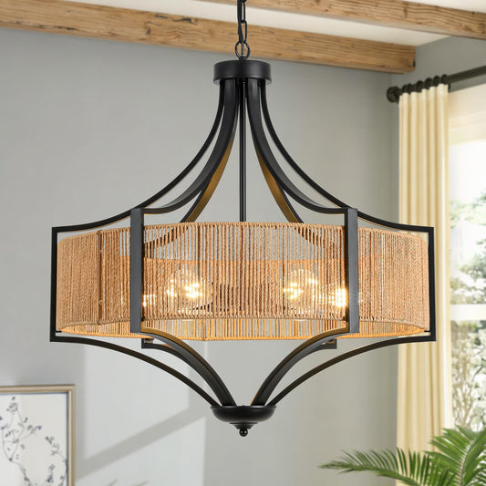 25.6" Rattan Farmhouse Chandelier Teardrop Light Fixtures, 6-Light Rustic Rattan Pendant Lighting with Straight Woven Shade Boho Black Hanging Light for Dining Room Living Room Kitchen Island Bedroom